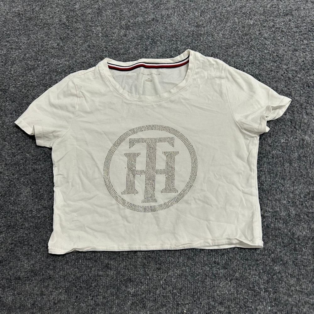 Tommy Hilfiger T-Shirt Womens Size PM White Rhinestone Logo Crop Short Sleeve